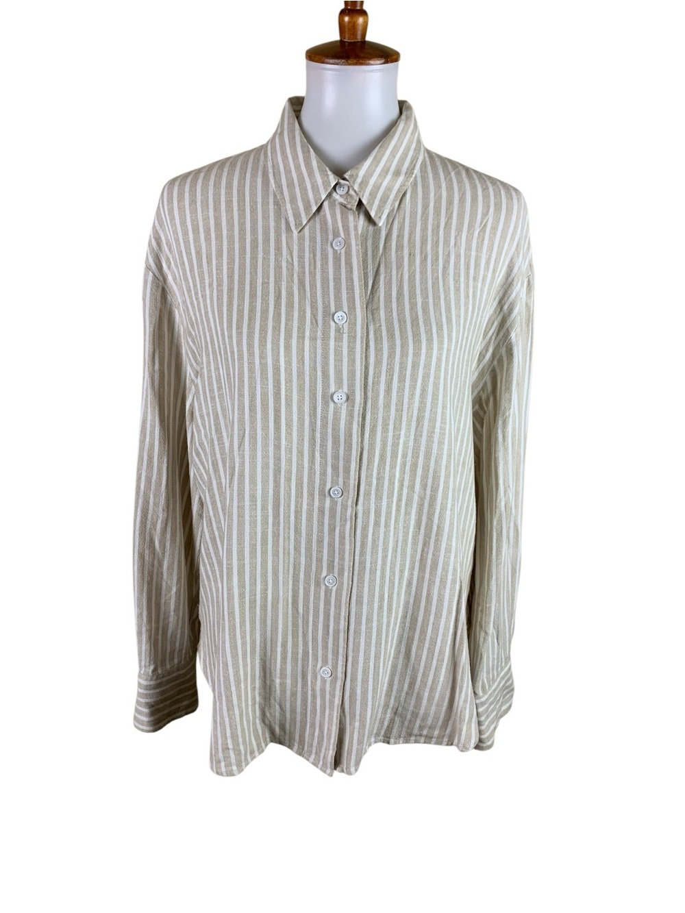CAARA Beige White Striped Linen Button Up Shirt Coastal Quiet Luxury XL